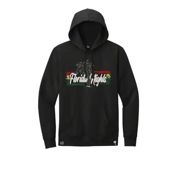 Luxury black fleece hoodie featuring vibrant rasta-inspired embroidered lettering, crafted from premium fleece material for warmth and style, available in sizes S-3XL