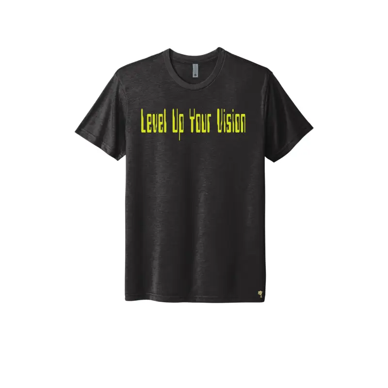 Luxury black triblend t-shirt featuring the bold Level Up Your Vision motivational design, crafted from ultra-soft, breathable fabric for a modern and stylish fit, available in sizes S-3XL.