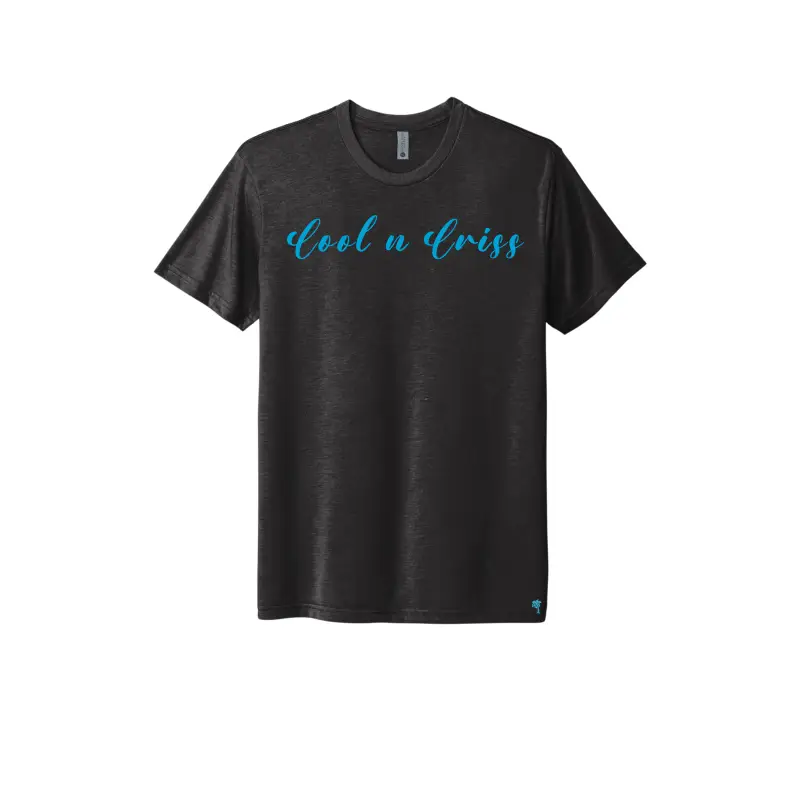 Luxury black triblend t-shirt featuring custom teal lettering, crafted from ultra-soft and lightweight triblend material for comfort and style, available in sizes S-3XL