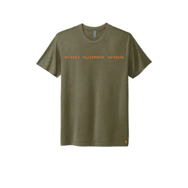 Premium military green triblend t-shirt showcasing the motivational Who Dares Win; design, made with high-quality triblend fabric for exceptional comfort and durability, available in sizes S-3XL