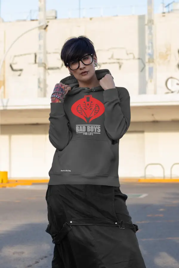 Young woman with glasses and piercings wearing a Gray Bad Boys for Life - Cobra-Decepticon Fleece Hoodie