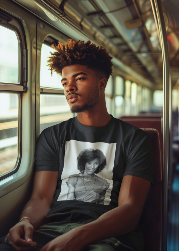Young man on bus wearing black Claire Huxtable Triblend T-Shirt