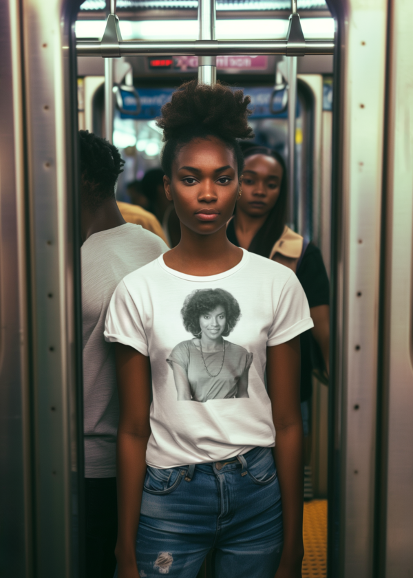 Young woman on bus wearing white Claire Huxtable Triblend T-Shirt