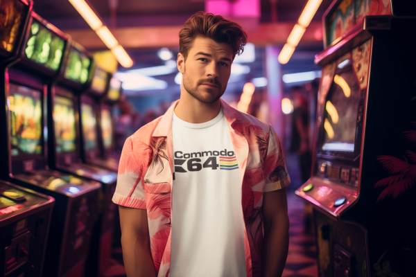 Man in arcade wearing Hawaiian shirt over a White - CommodoreC64 - Triblend T-Shirt