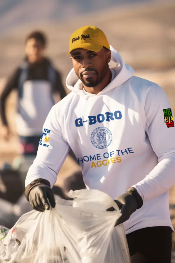 Man wearing a White North Carolina A&T University - G-Boro Fleece Hoodie