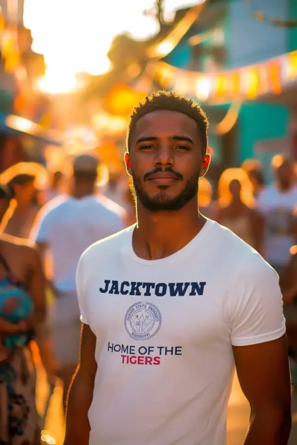 Young man wearing a White - Jackson State University - Jacktown City Edition T-Shirt