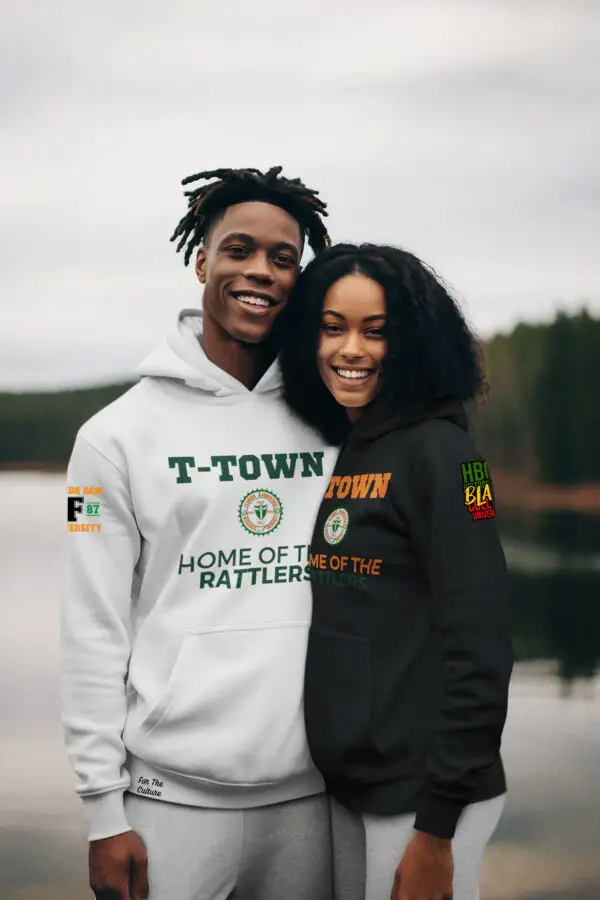 Man and woman wearing Black and White Florida A&M University (FAMU) T-Town Fleece Hoodies