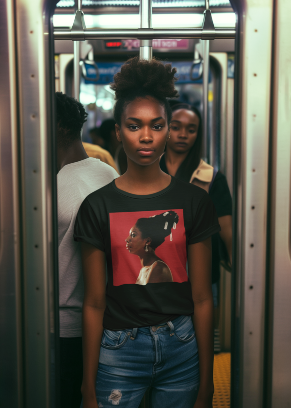 Woman on subway wearing a black Nina Simone Majestic Shirt