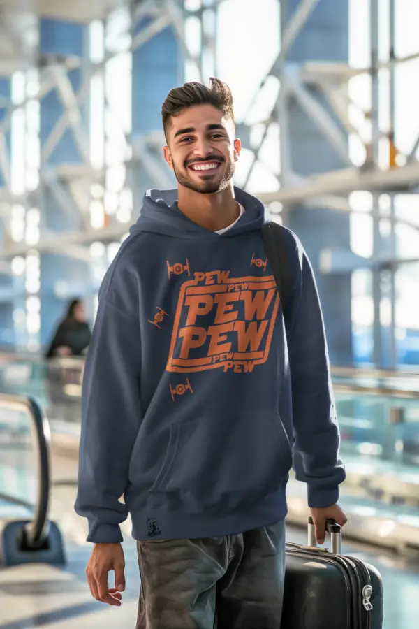 Young man in airport wearing navy and orange Pew Pew Pew - Star Wars Tribute fleece hoodie