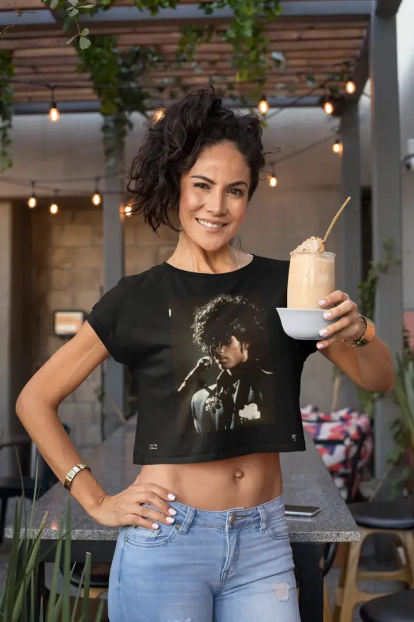 Woman drink coffee wearing a Black - Prince Passion - Crop Top