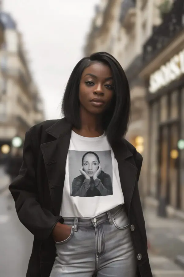 Woman in coat wearing a White - Sade (Focused) - Triblend T-Shirt