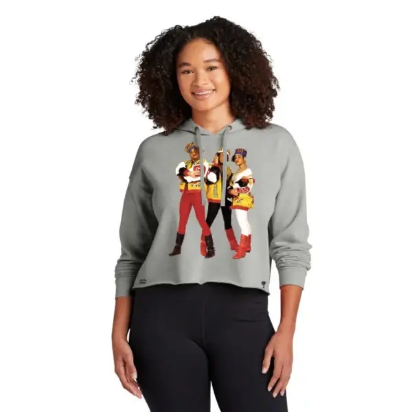 Woman wearing a gray cropped Salt-n-Pepa hoodie