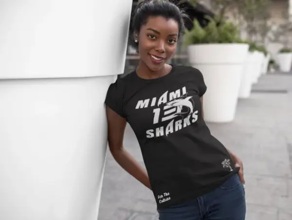 Homepage - Young lady wearing a Miami Sharks t-shirt