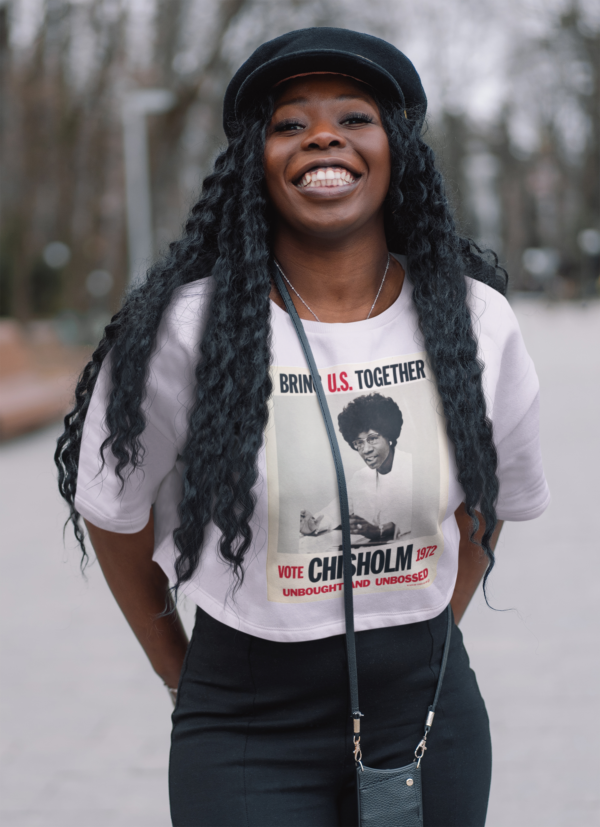 Young smiling lady wearing a White Shirley Chisholm Bring U.S. Together