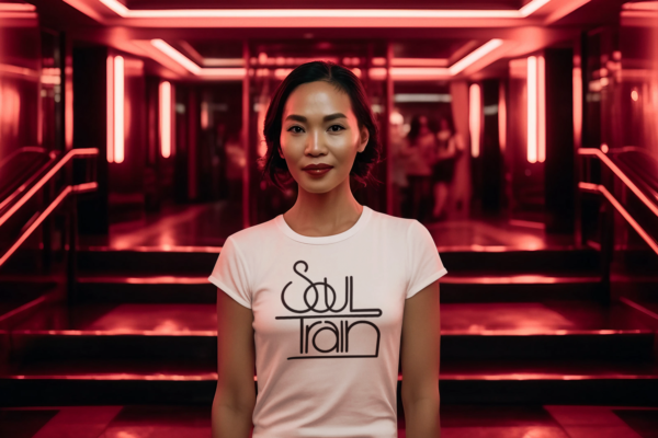 Woman standing near neon lights wearing a white - Soul Train Retro Triblend T-Shirt