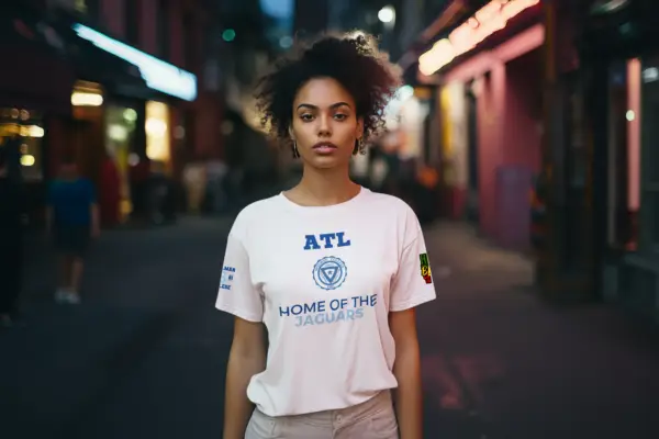 Woman standing in road wearing a white - HBCU Spelman College Jaguars - ATL - Triblend T-Shirt