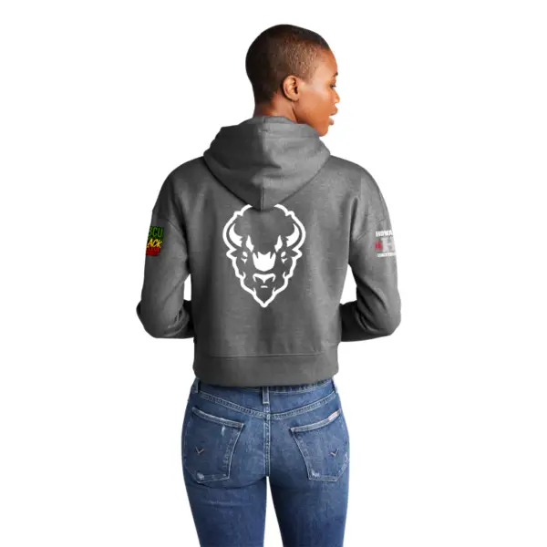 Woman showing the back of a Dark Gray - Howard University - The District - Crop Fleece Hoodie