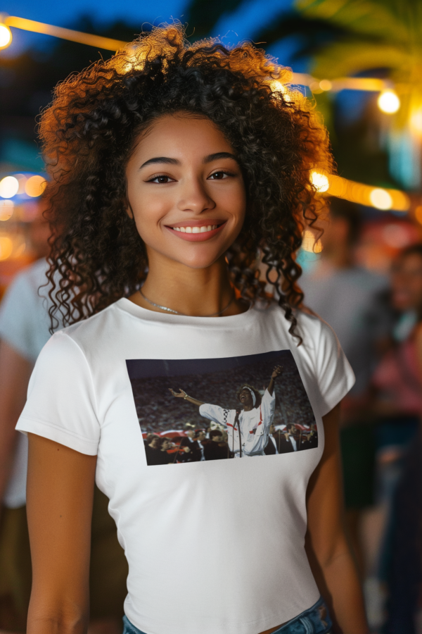 Young lady wearing a white Whitney Houston - National Anthem T-Shirt