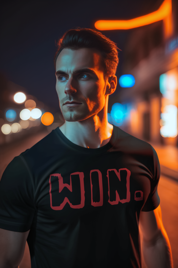 Model wearing a black triblend t-shirt with the bold Win; design, styled casually to highlight its luxurious look and comfortable fit, available in sizes S-3XL."