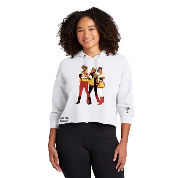 Woman wearing a white cropped Salt-n-Pepa hoodie