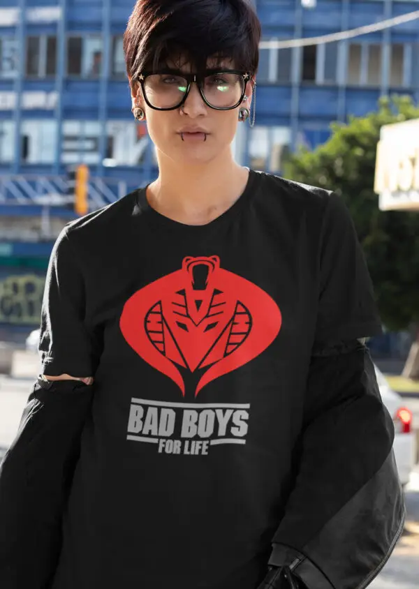 Young woman with glasses and piercings wearing a Black Bad Boys for Life - Cobra-Decepticon Triblend T-Shirt