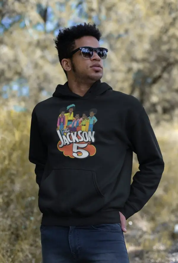 Young man with shades wearing a black Jackson5 Cartoon fleece hoodie by Florida Nights Apparel