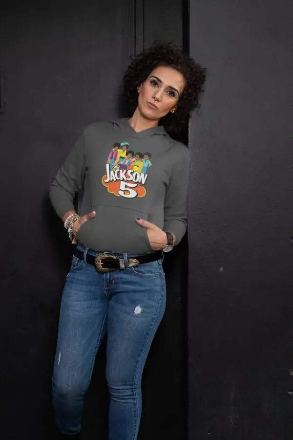 Woman with wearing a gray Jackson5 Cartoon fleece hoodie by Florida Nights Apparel