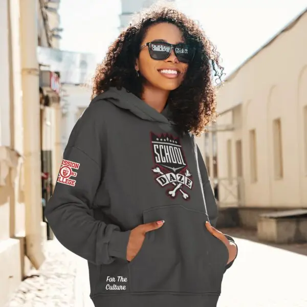 Woman wearing a gray School Daze Mission College Fleece Hoodie