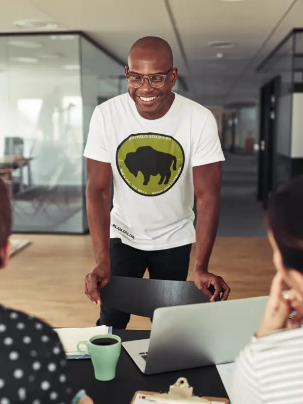 Man wearing a White Buffalo Soldiers Patch triblend t-shirt