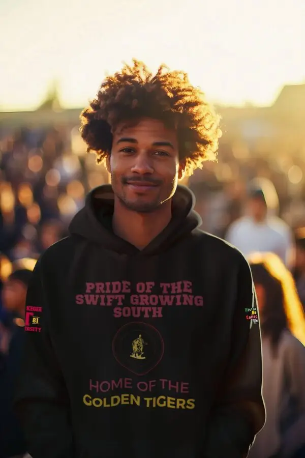 Man wearing a Black - Tuskegee University "Pride of the swift growing south" Fleece Hoodie