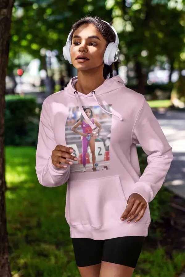 Woman wearing a Pink - Flojo - Florence Griffith Joyner Fleece Hoodie