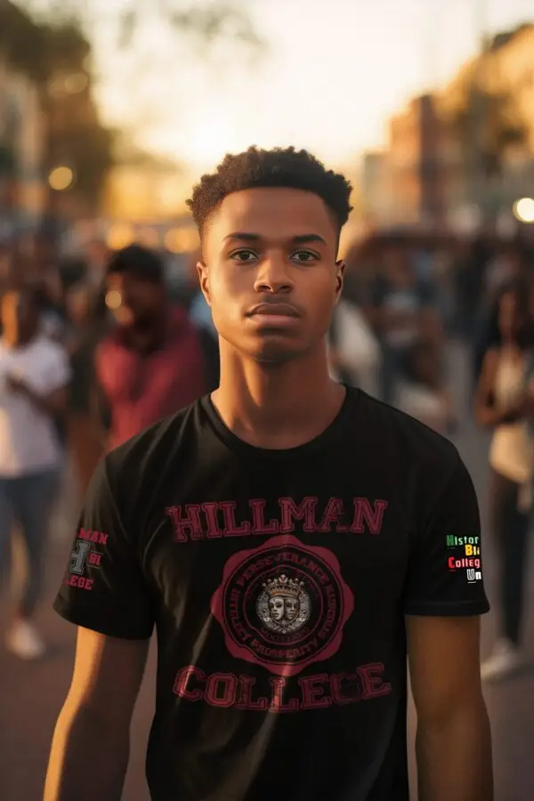 Young man wearing a black Hillman College Triblend T-Shirt