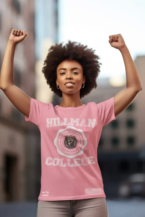 Young woman wearing a pink Hillman College Triblend T-Shirt