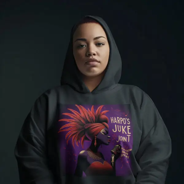 Woman wearing a black - Harpo's Juke Joint featuring Shug Avery Fleece Hoodie