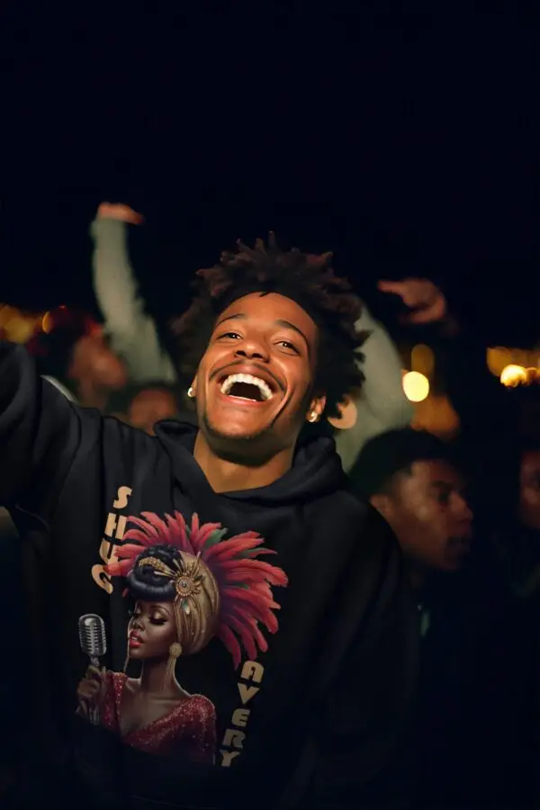 Man celebrating a with a Black - Shug Avery fleece hoodie