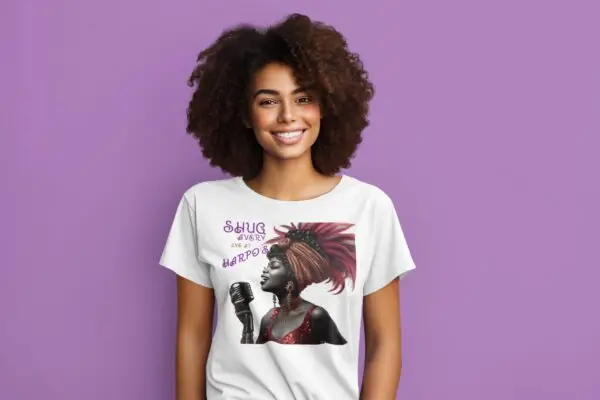 Woman wearing a White - Shug Avery at Harpo's (The Color Purple Movie) tee