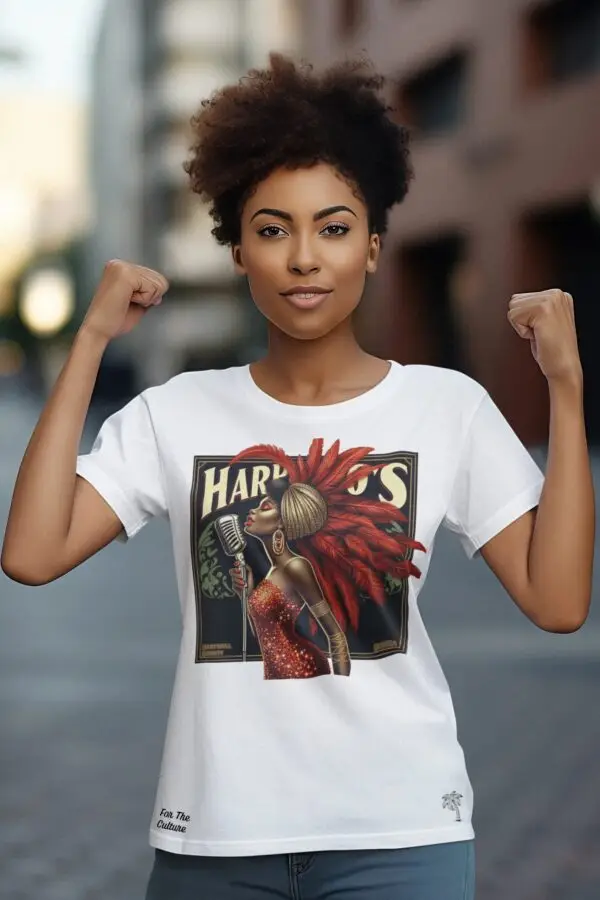 Young woman wearing a white - Harpo's Juke Joint t-shirt