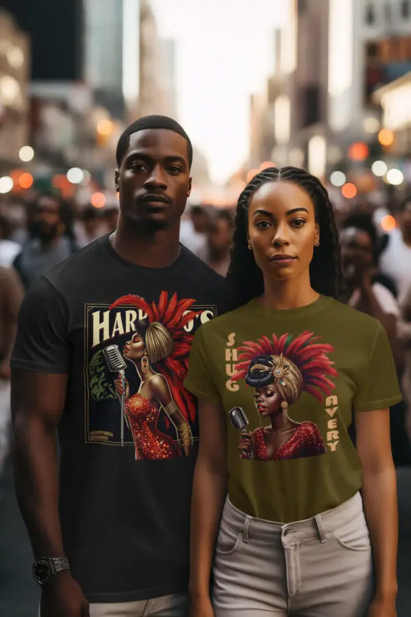 Man and woman wearing a black - Harpo's Juke Joint t-shirt and olive Shug Avery Tee