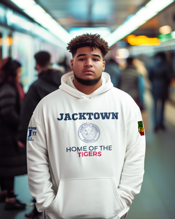 Man wearing a White Jackson State University -Jacktown Fleece Hoodie