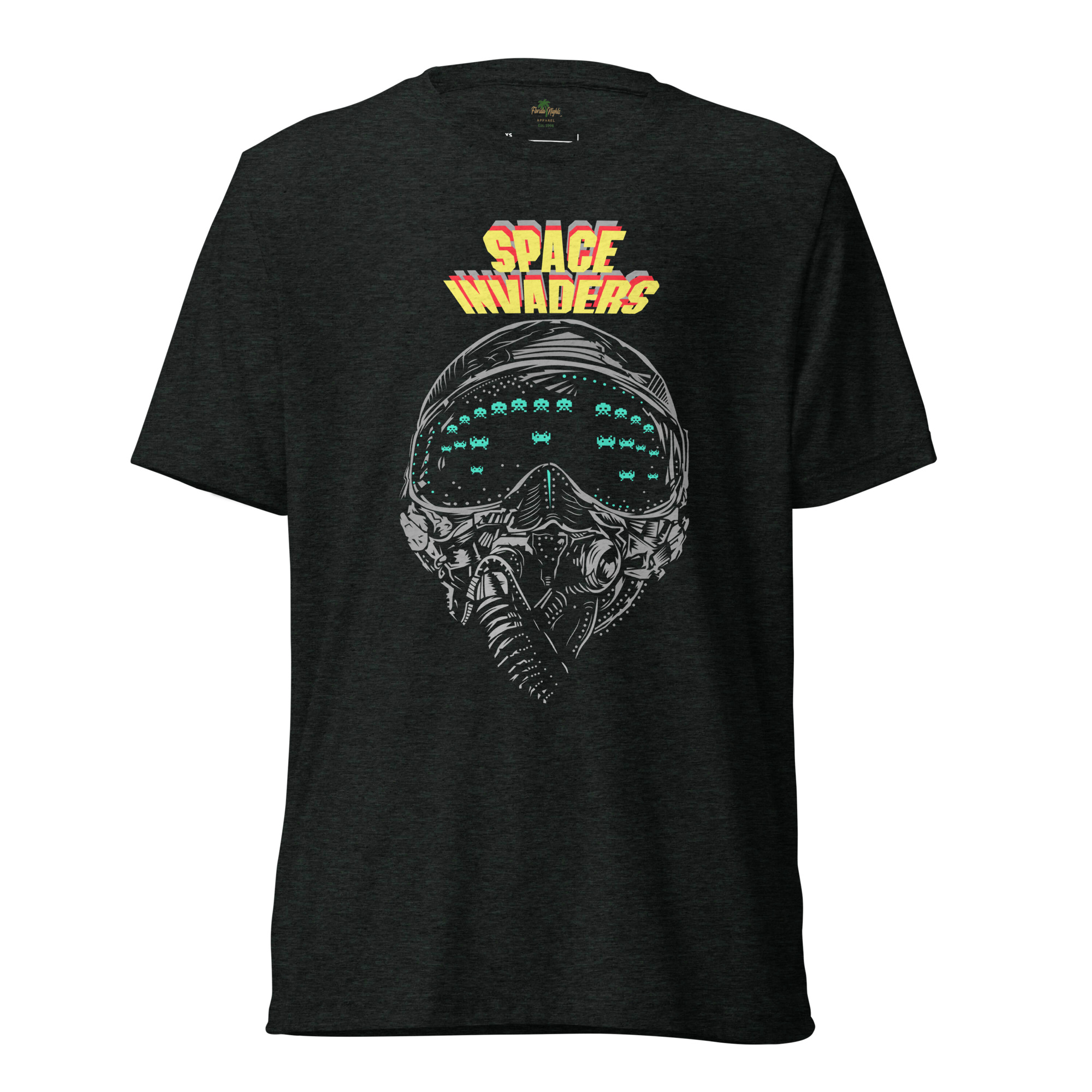 unisex-tri-blend-t-shirt-charcoal-black-triblend-front-69198f1b7d0ab Triblend Space Invaders t-shirt with retro pixel alien design in black — unisex gaming apparel.