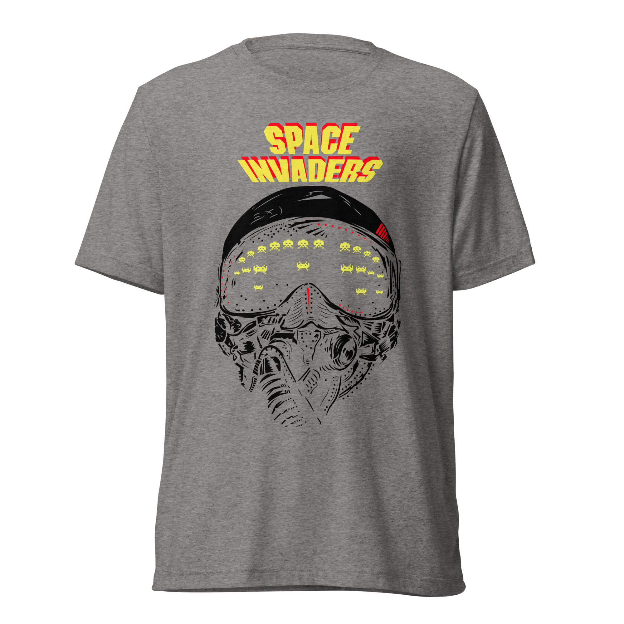 unisex-tri-blend-t-shirt-grey-triblend-front-69198e49477ec Triblend Space Invaders t-shirt with retro pixel alien design in grey — unisex gaming apparel.