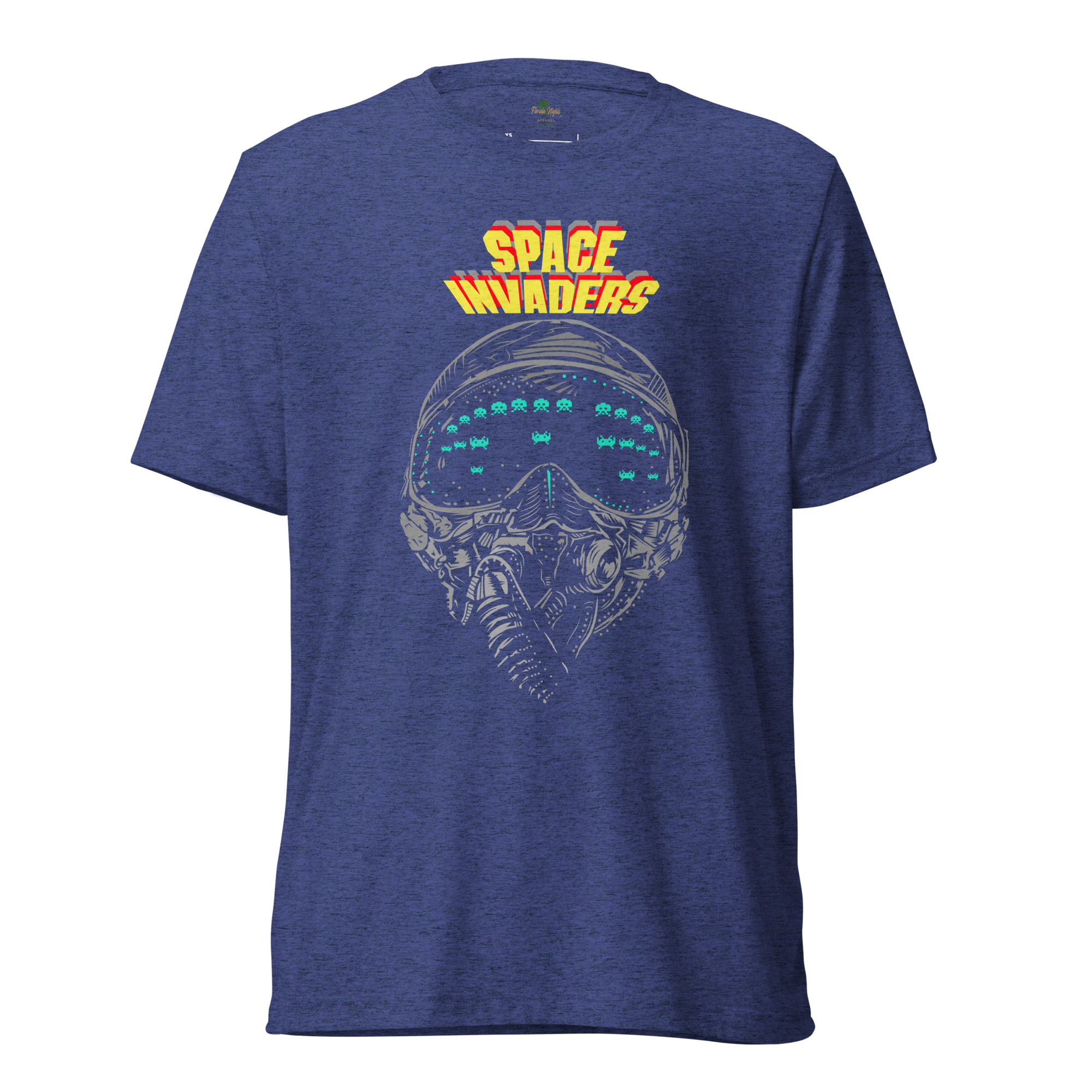 unisex-tri-blend-t-shirt-navy-triblend-front-69198f1be7bdc Triblend Space Invaders t-shirt with retro pixel alien design in navy — unisex gaming apparel.