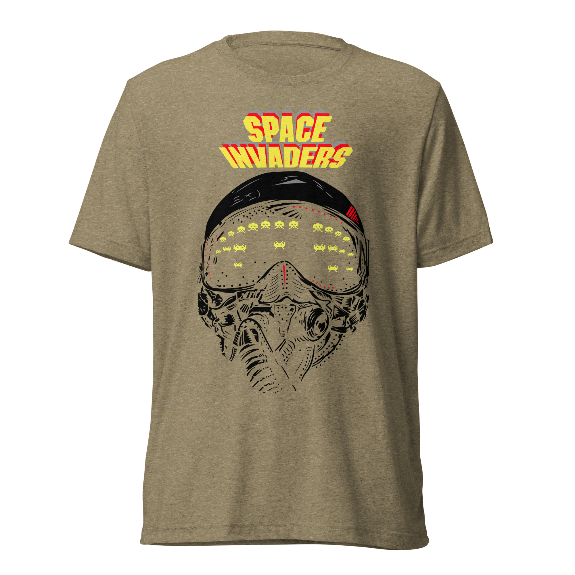 unisex-tri-blend-t-shirt-olive-triblend-front-69198e494799d Triblend Space Invaders t-shirt with retro pixel alien design in green — unisex gaming apparel.