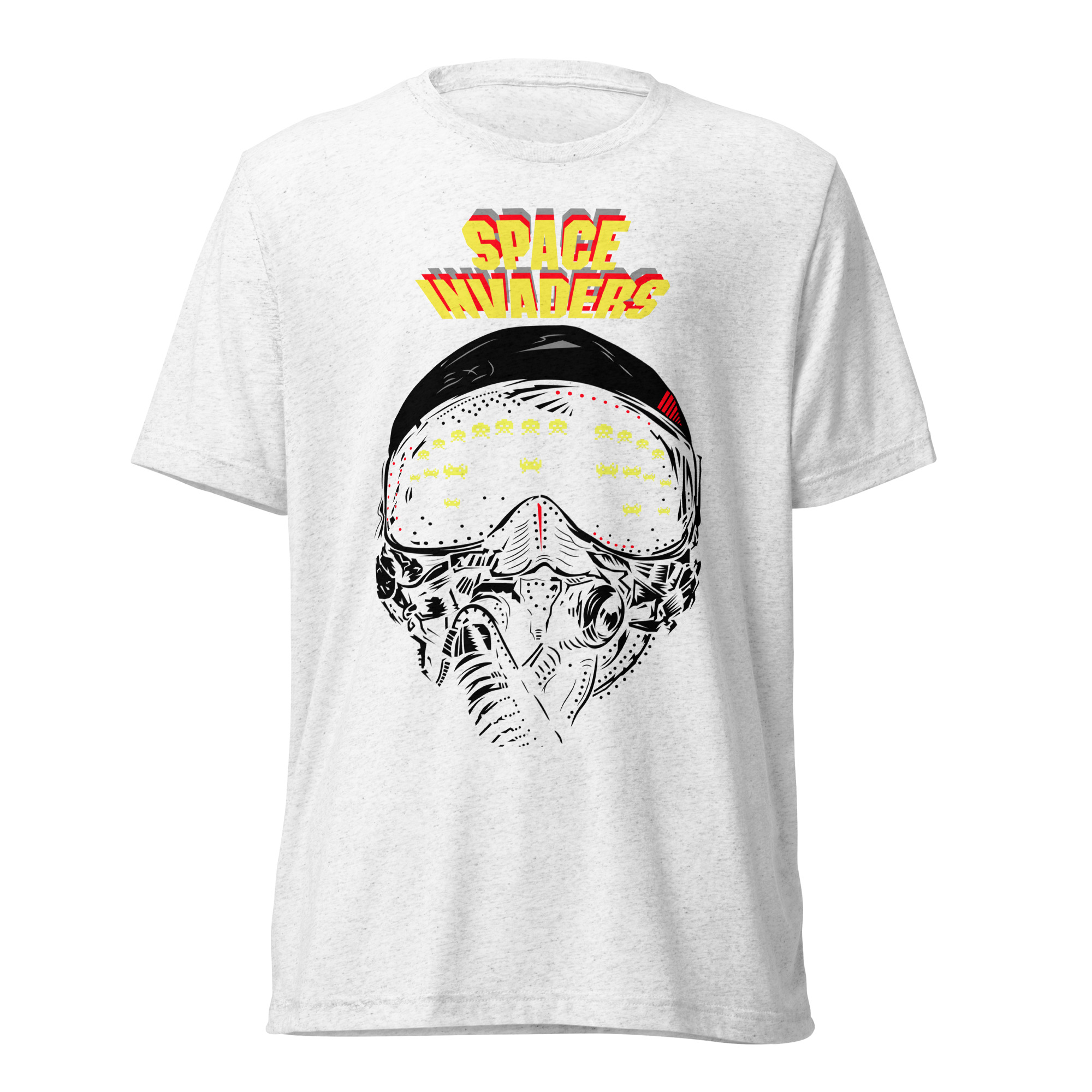 unisex-tri-blend-t-shirt-solid-white-triblend-front-69198e4947a48 Triblend Space Invaders t-shirt with retro pixel alien design in white — unisex gaming apparel.