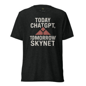 Black ChatGPT Skynet triblend t shirt AI sci fi graphic tee by Florida Nights Apparel, AI inspired ChatGPT Skynet t shirt unisex triblend tech apparel, futuristic artificial intelligence graphic tee ChatGPT Skynet design, Skynet inspired ChatGPT t shirt for tech enthusiasts and programmers, premium triblend AI sci fi t shirt Florida Nights Apparel